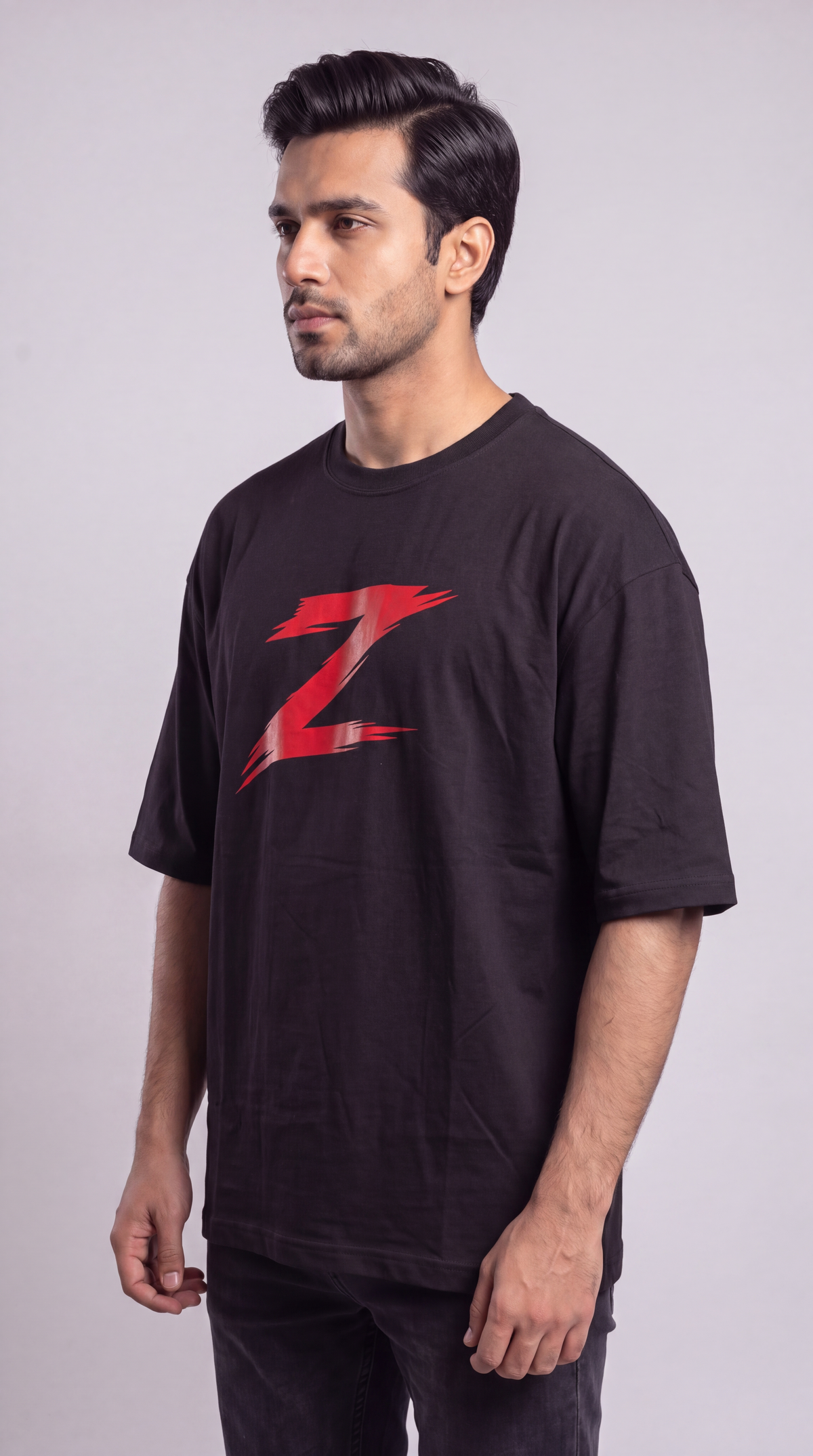 Signature Z Jet Black oversized T-shirt with Red Z — three-quarter view