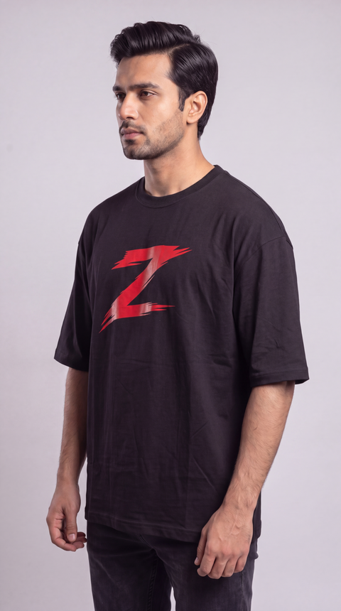 Signature Z Jet Black oversized T-shirt with Red Z — three-quarter view