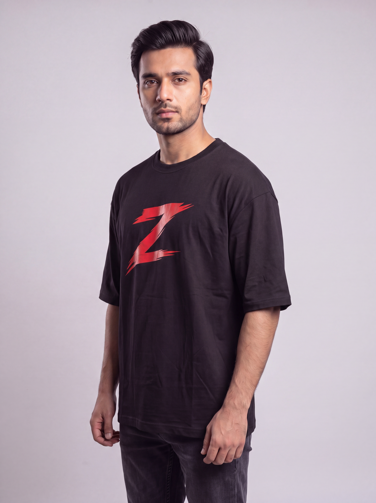 Signature Z Jet Black oversized T-shirt with Red Z — full-length view