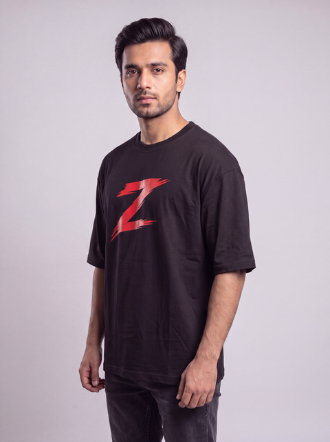 Signature Z Jet Black oversized T-shirt with Red Z — full-length view