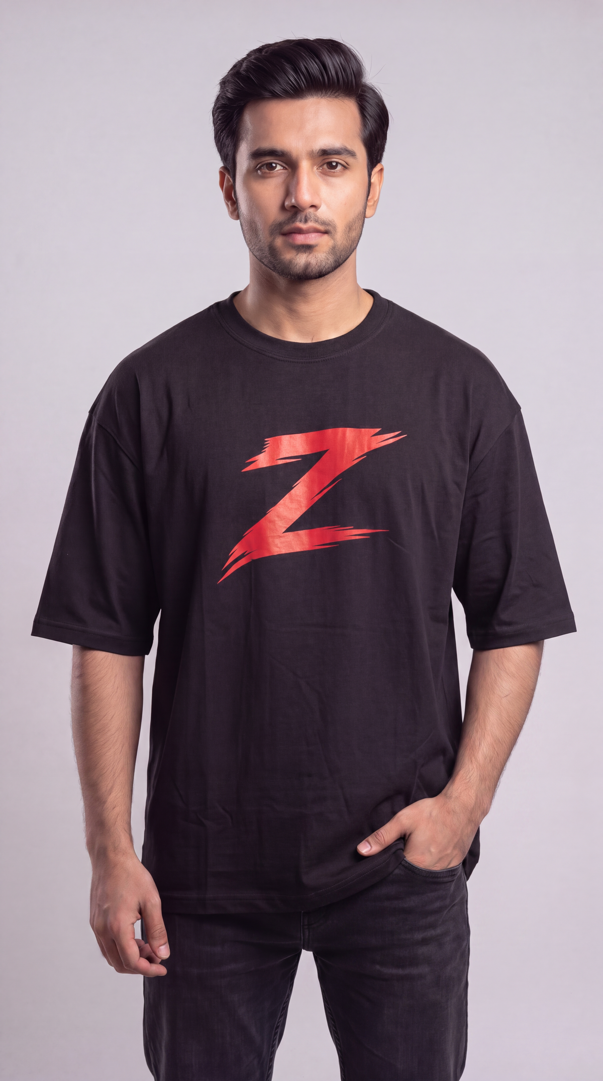 Signature Z Jet Black oversized T-shirt with Red Z — front lifestyle view