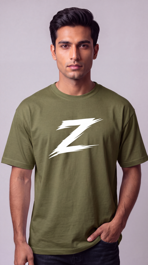 Signature Z Olive Green oversized T-shirt with White Z — close-up front view