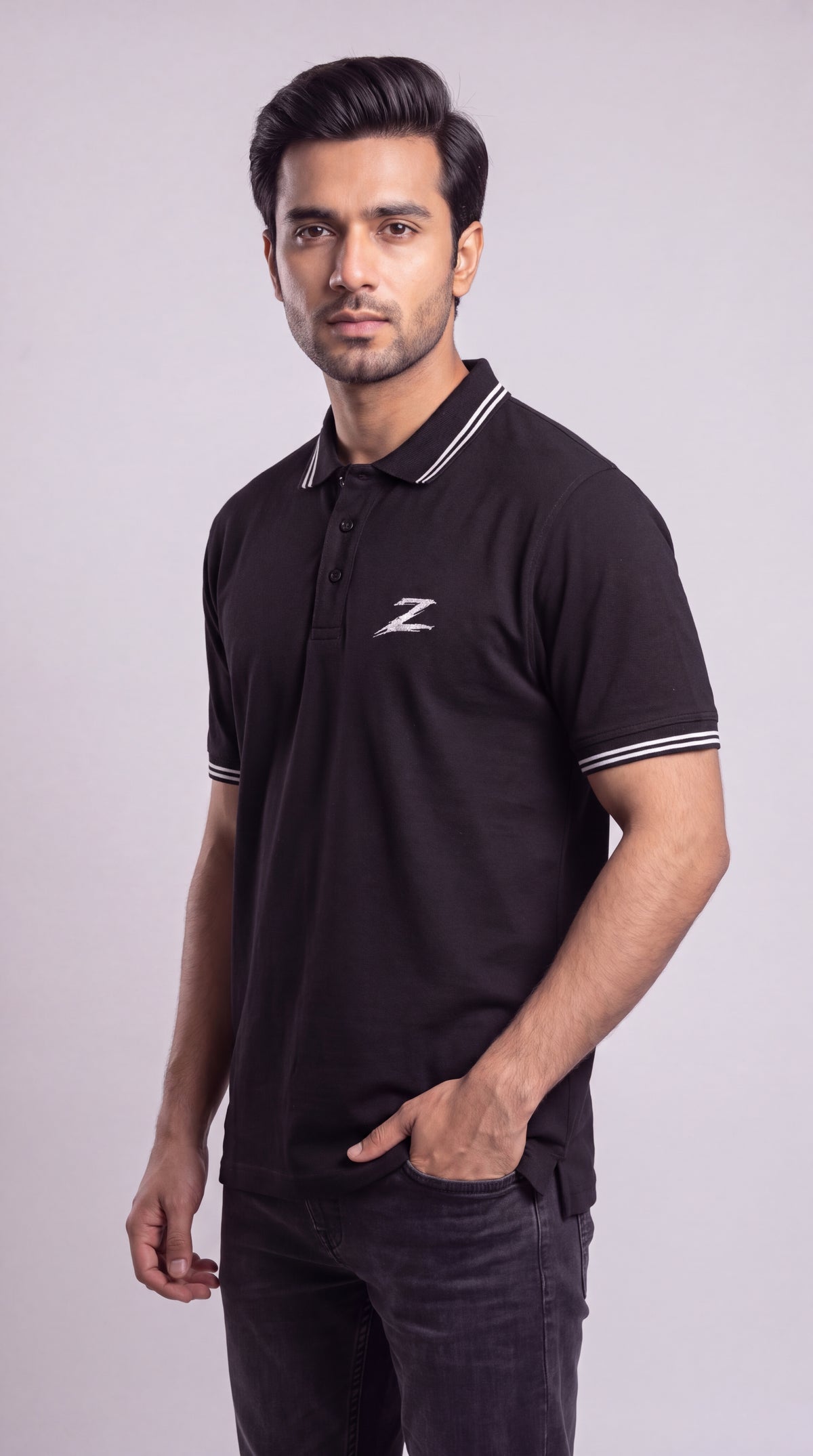 Signature Z Polo Shirt in Jet Black - angled view