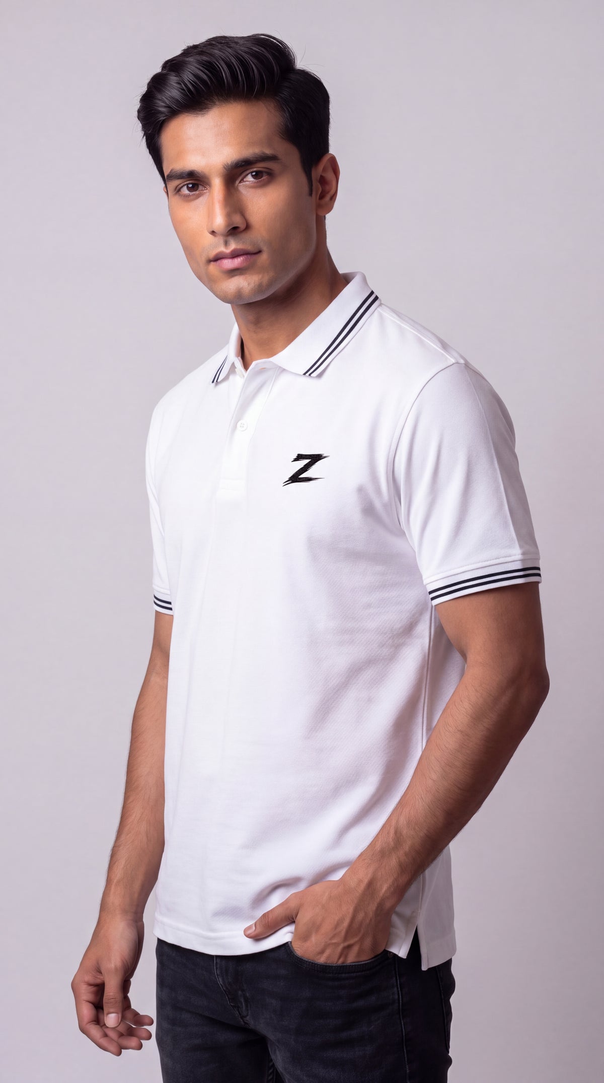 Signature Z Polo Shirt in Pure White - angled view