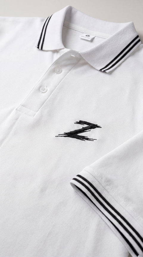 Signature Z Polo Shirt in Pure White - collar and embroidery detail