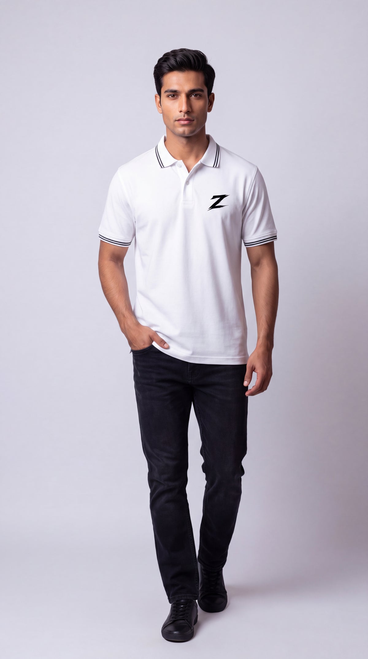 Signature Z Polo Shirt in Pure White - full-length view