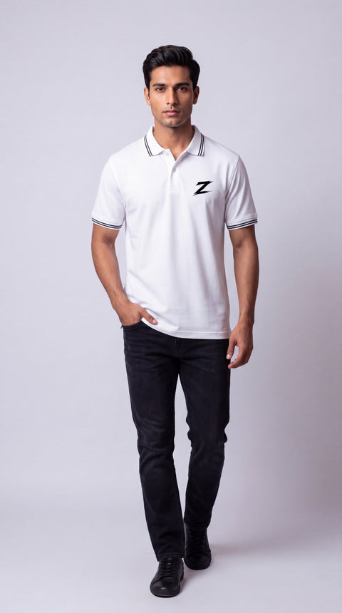 Signature Z Polo Shirt in Pure White - full-length view