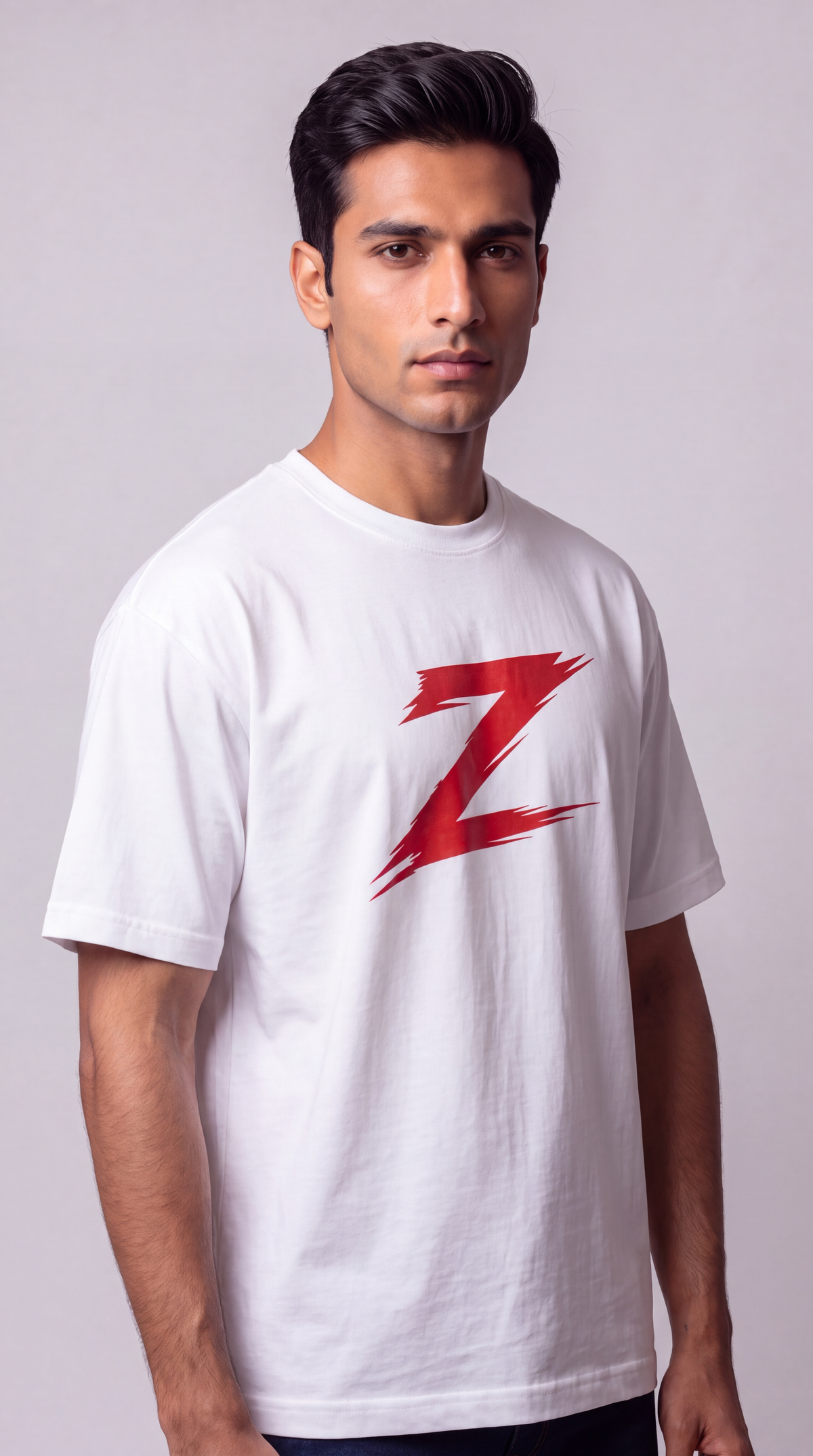 Signature Z Pure White oversized T-shirt with Red Z — three-quarter view