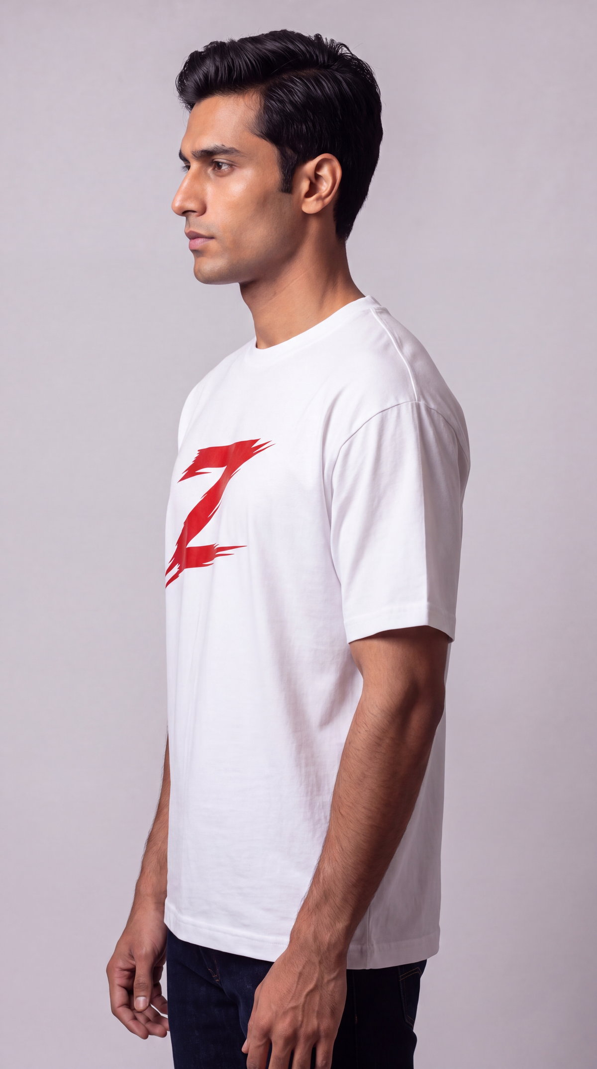 Signature Z Pure White oversized T-shirt with Red Z — side view