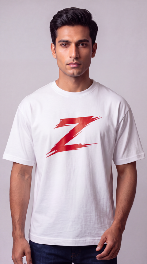 Signature Z Pure White oversized T-shirt with Red Z — full-length view