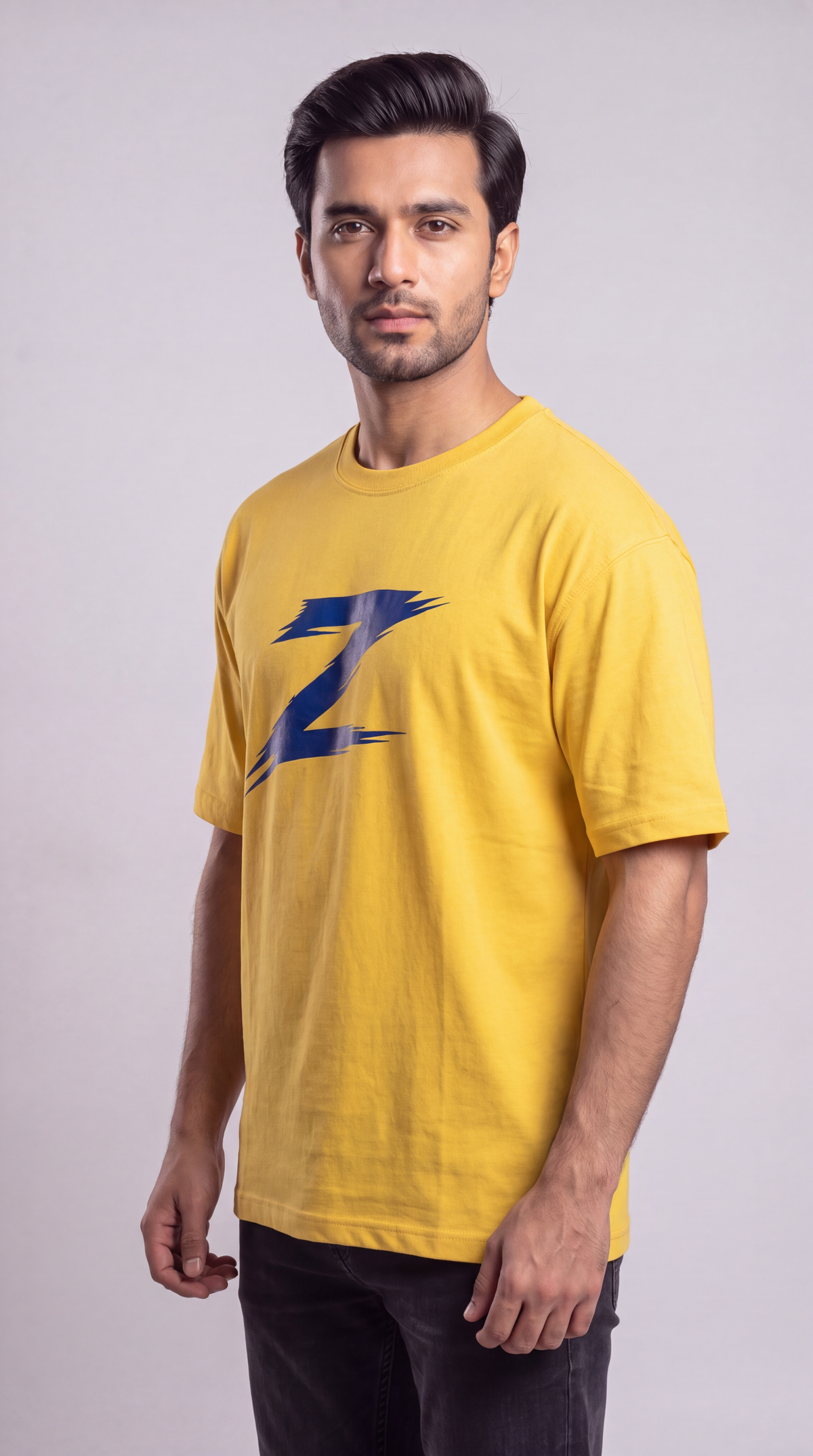 Signature Z Solar Yellow oversized T-shirt with Navy Z — three-quarter view