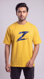 Signature Z Solar Yellow oversized T-shirt with Navy Z — close-up front view