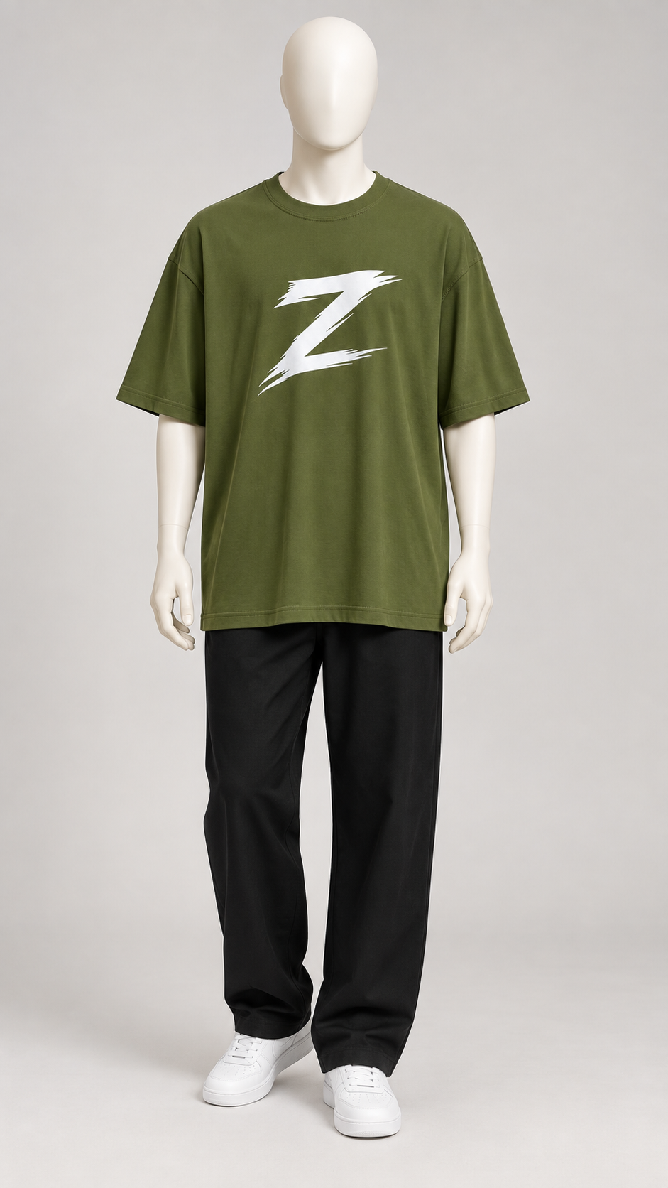 Signature Z oversized T-shirt in Olive Green with White Z — mannequin pose 1