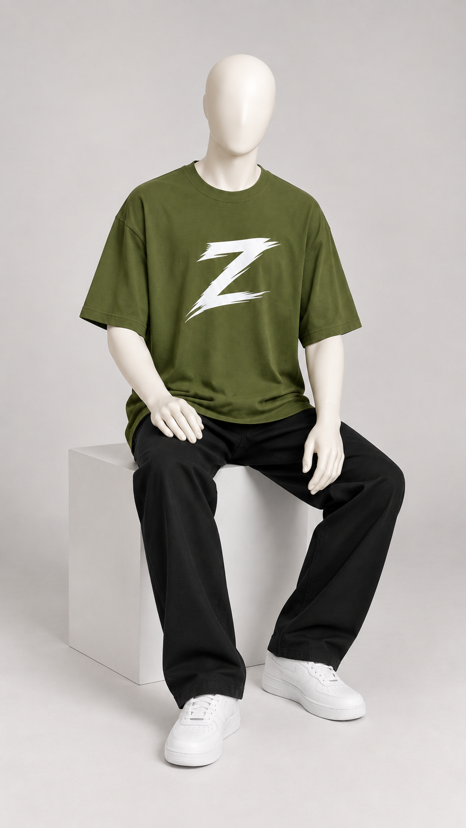 Signature Z oversized T-shirt in Olive Green with White Z — mannequin pose 3